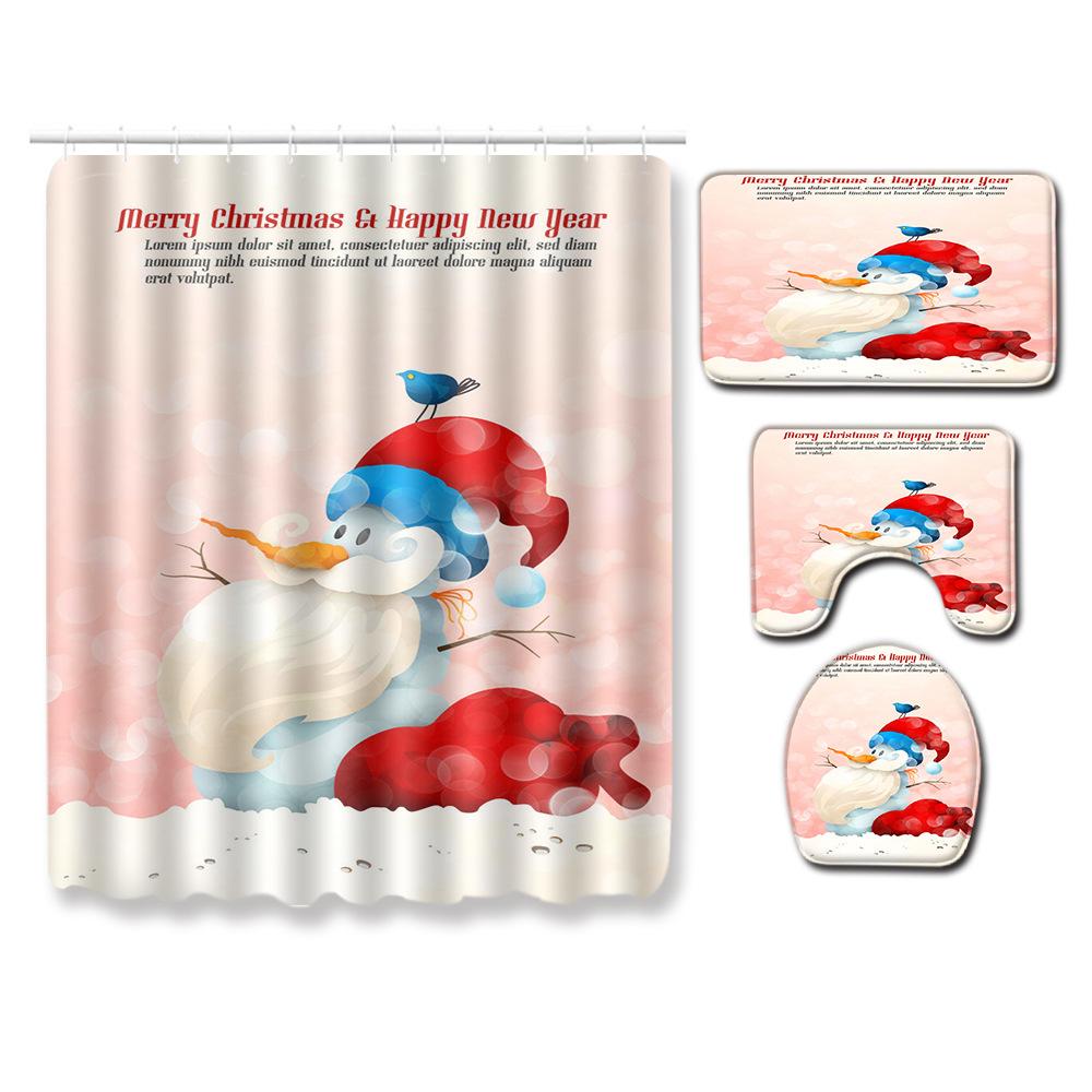 Christmas Shower Curtain Floor Mat Combination Four-Piece Set Bathroom Toilet Carpet Shower Room Mat Foot Mat