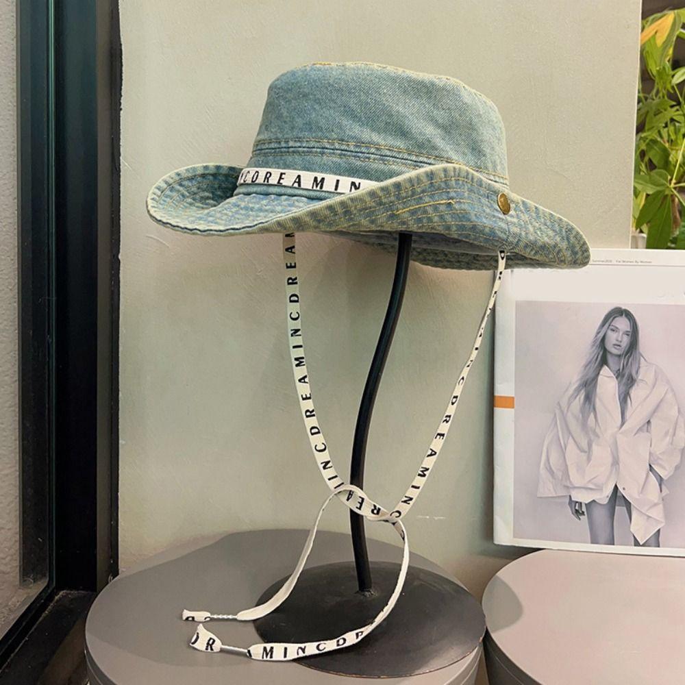 With Tie Belt Jeans Fisherman Hat Letter Sunscreen Hat Sweet Denim Bucket Hat  Travel