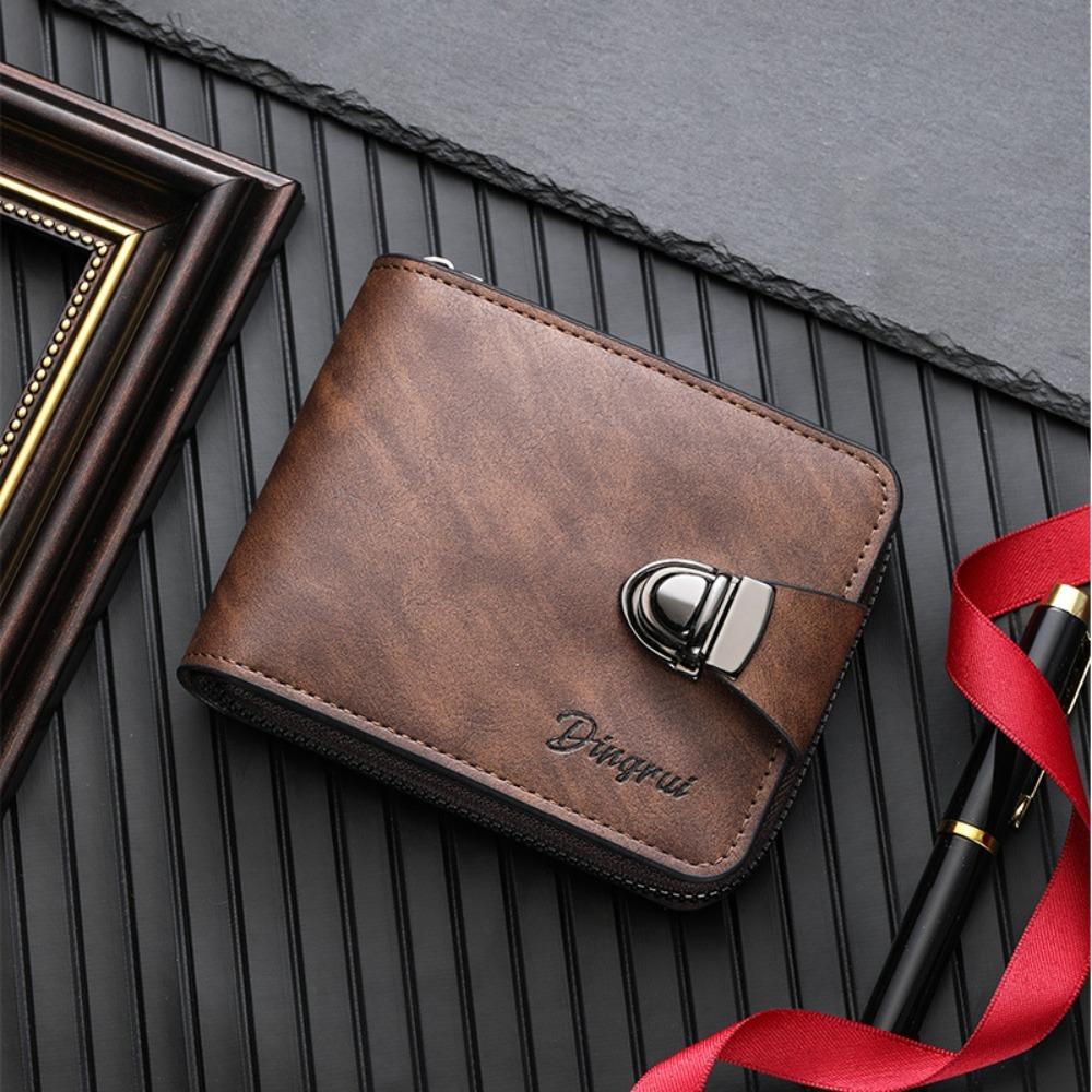 New PU Leather Short Wallet Zipper Buckle Solid Color Coin Pocket Card Holder Men