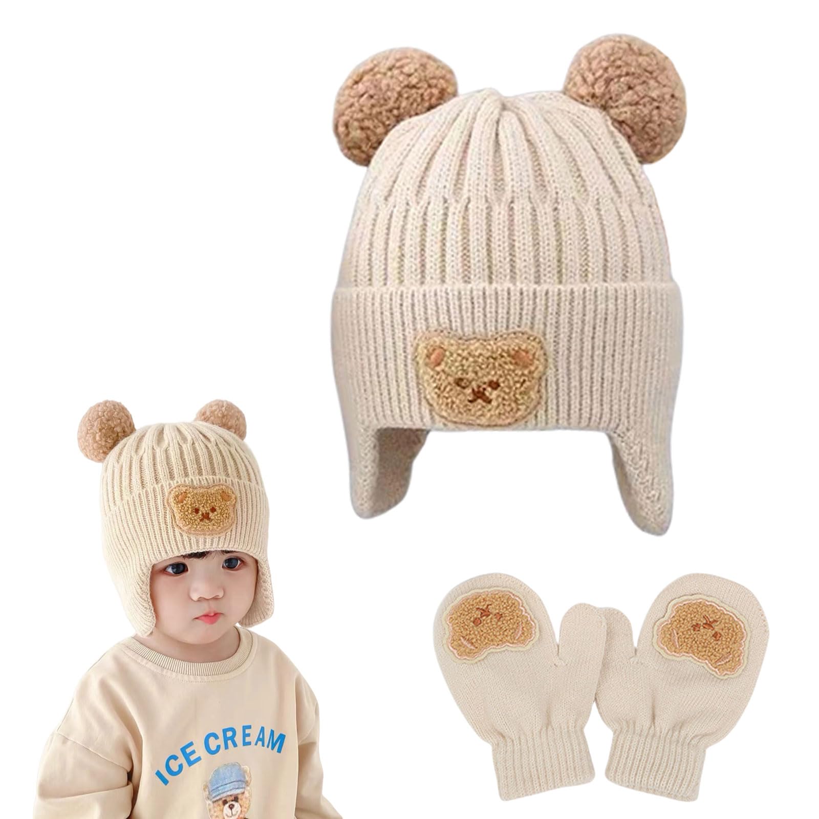 

Kingsiely Baby Hat and Glove Set Knit Hat with Ear Knit and Cute Bear For Baby Boys and Perfect for and and Soft for Cold Weather A Perfect Gift for бежевый
