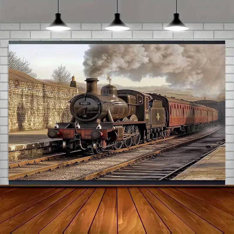 2D Nostalgic Steam Engine Backdrop Vintage Train Station Studio Photography Background