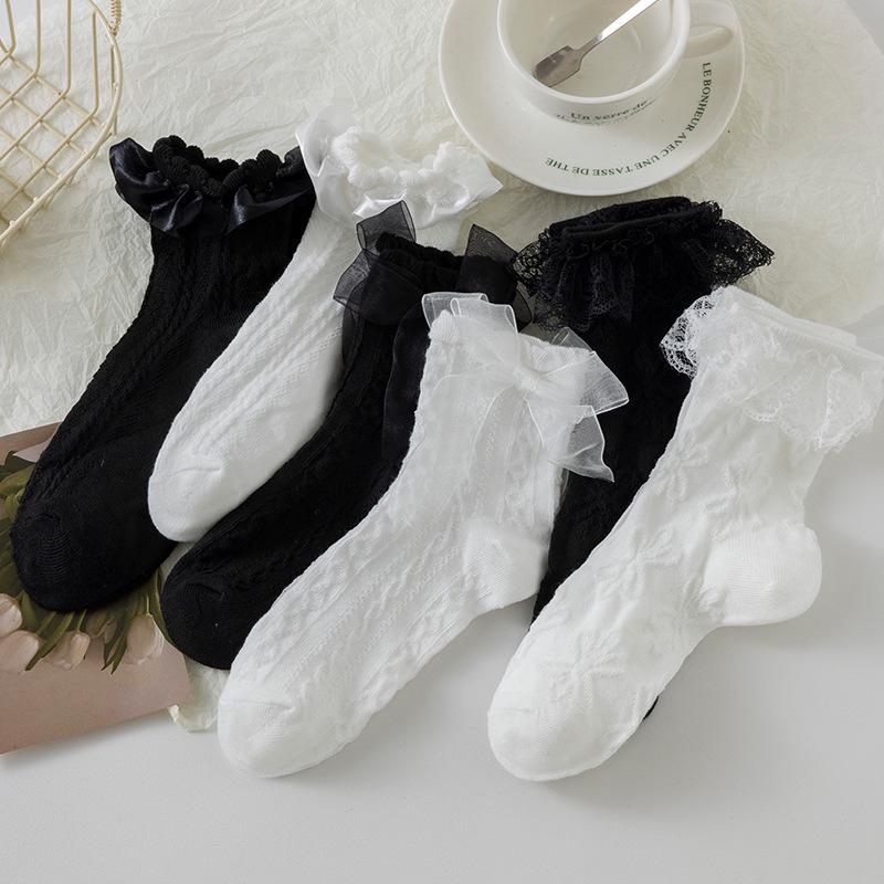Women's Summer White Lace Bow Mid-Calf Socks - Sweet Lolita Style