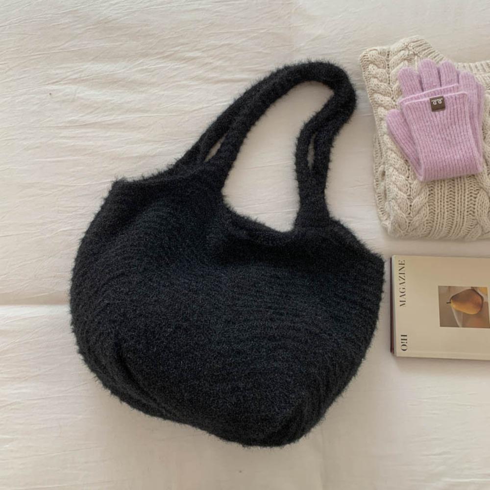Korean Style Woven Tote Bag Casual Winter Underarm Bag Trendy Knitted Shoulder Bag  Travel чёрный