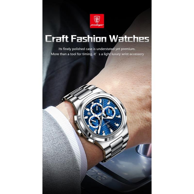 POEDAGAR Business Man Wristwatch Date Chronograph Waterproof Luminous Luxury Watch Stainless Steel Quartz Watches Male