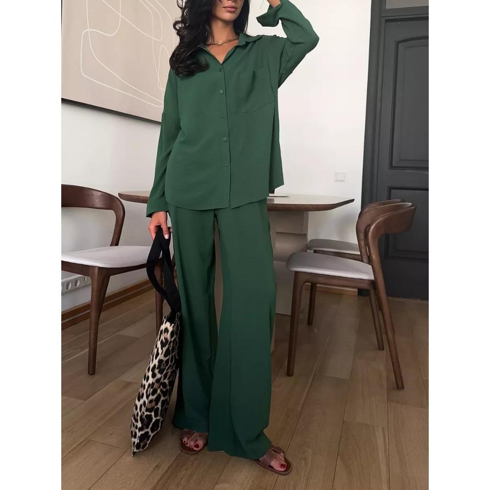 Women's Lapel Pocket Long Sleeve Button Down Shirt And Elastic Waist Wide Leg Pants Two Piece Casual Tracksuit