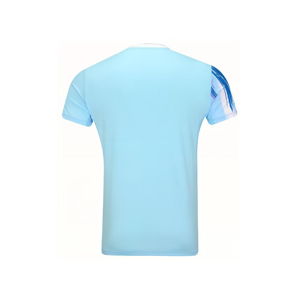 Li Ning Badminton Serie Graffiti-Print V-Ausschnitt Bequemes Atmungsaktives Lässiges Kurzarm-T-Shirt Unisex Oberteile Eisblau AAYV025-5