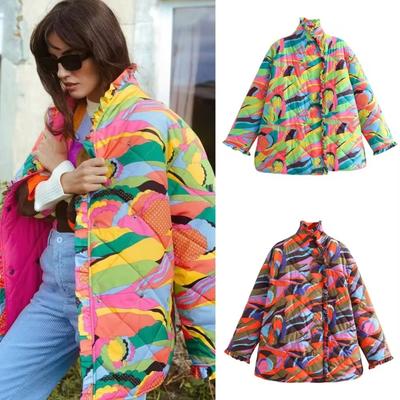 Sonbahar ve Kış Kadın Vintage Baskılı Pamuklu Mont Kadın Tek Sıralı Kapitone Ceket Stand Yaka Sokak Paltosu