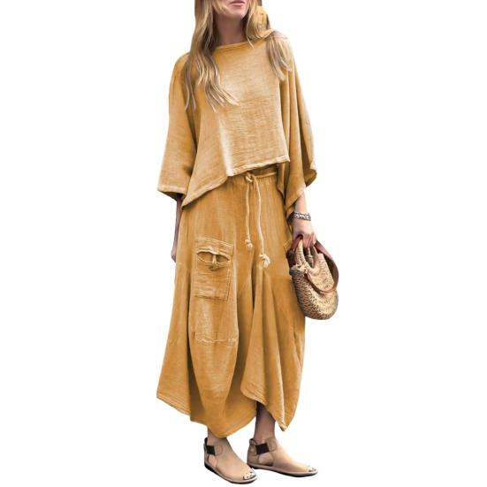 2 Pcs/Set Women Top Skirt Suit Round Neck Three Quarter Sleeve Slant Hem Vintage Top Drawstring Elastic Waist Loose Irregular Maxi Skirt Spring Daily