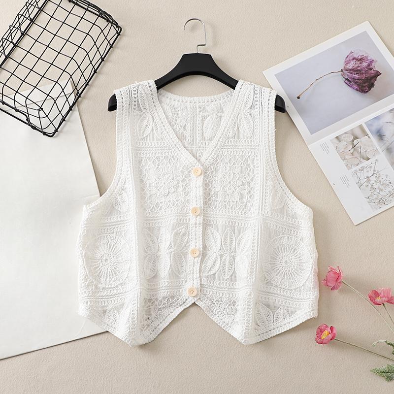 

DIMANAF 2025 Новая футболка большого размера на весну для женщин, вязаный жилет без рукавов с V-образным вырезом, ажурный стиль, базовые топы, футболки, свободная одежда One Size белый