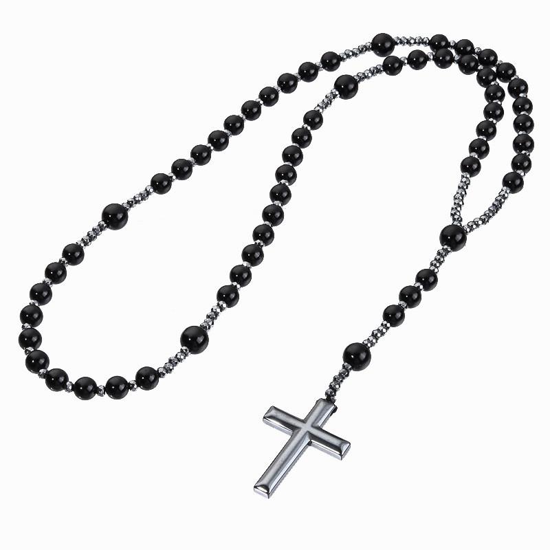 Collana di Perle Occhio di Tigre Nero con Ciondolo a Croce Fatta a Mano per Uomo e Donna