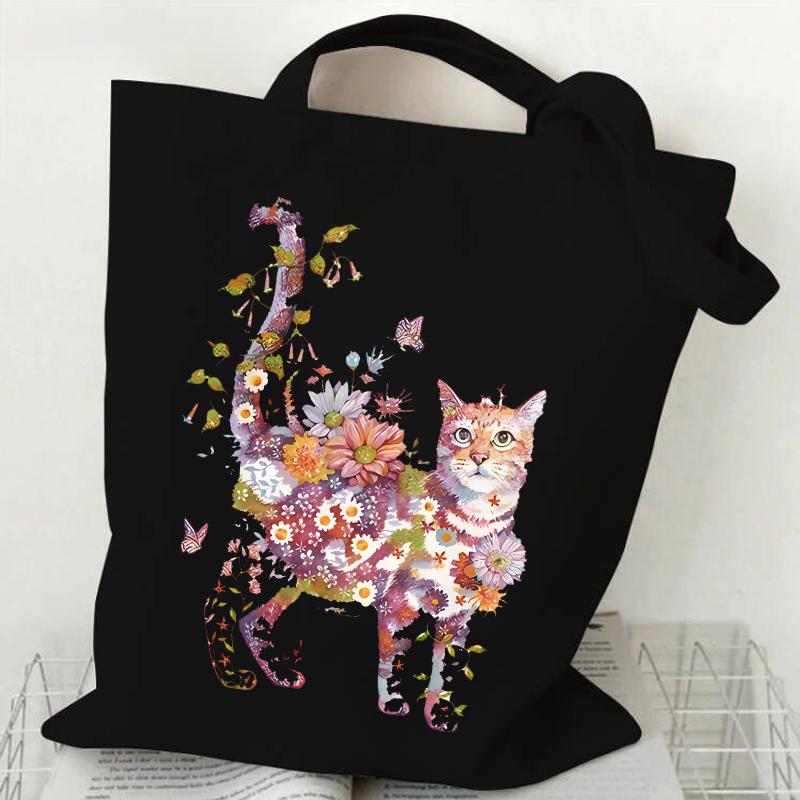 

Сумка через плечо с принтом кошек и цветов для женщин, винтажная эстетика, дизайн с изображением котят, сумки-шопперы для девочек-подростков, женская сумочка