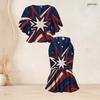 Women Plus Size Two Piece Outfit Round Neck Batwing Sleeve Ruffle Hem Top Fishtail Skirt Printed Red Navy Blue