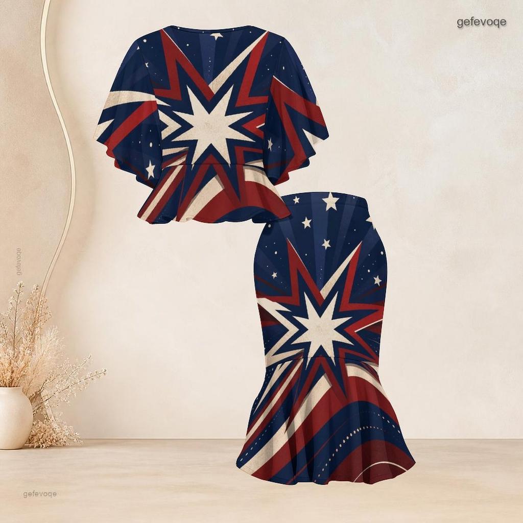 Women Plus Size Two Piece Outfit Round Neck Batwing Sleeve Ruffle Hem Top Fishtail Skirt Printed Red Navy Blue