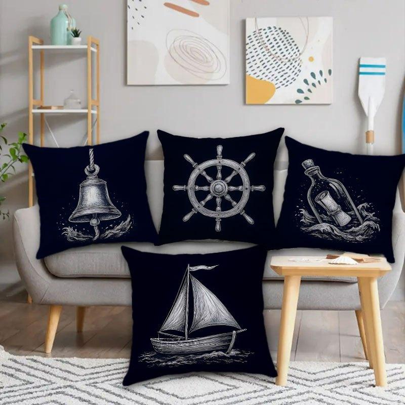 Vintage Nautical Pillow Covers, Ship Bell Wheel Double-Sided Printed Throw Pillow Cases, Coastal Home Decor Cushion Covers