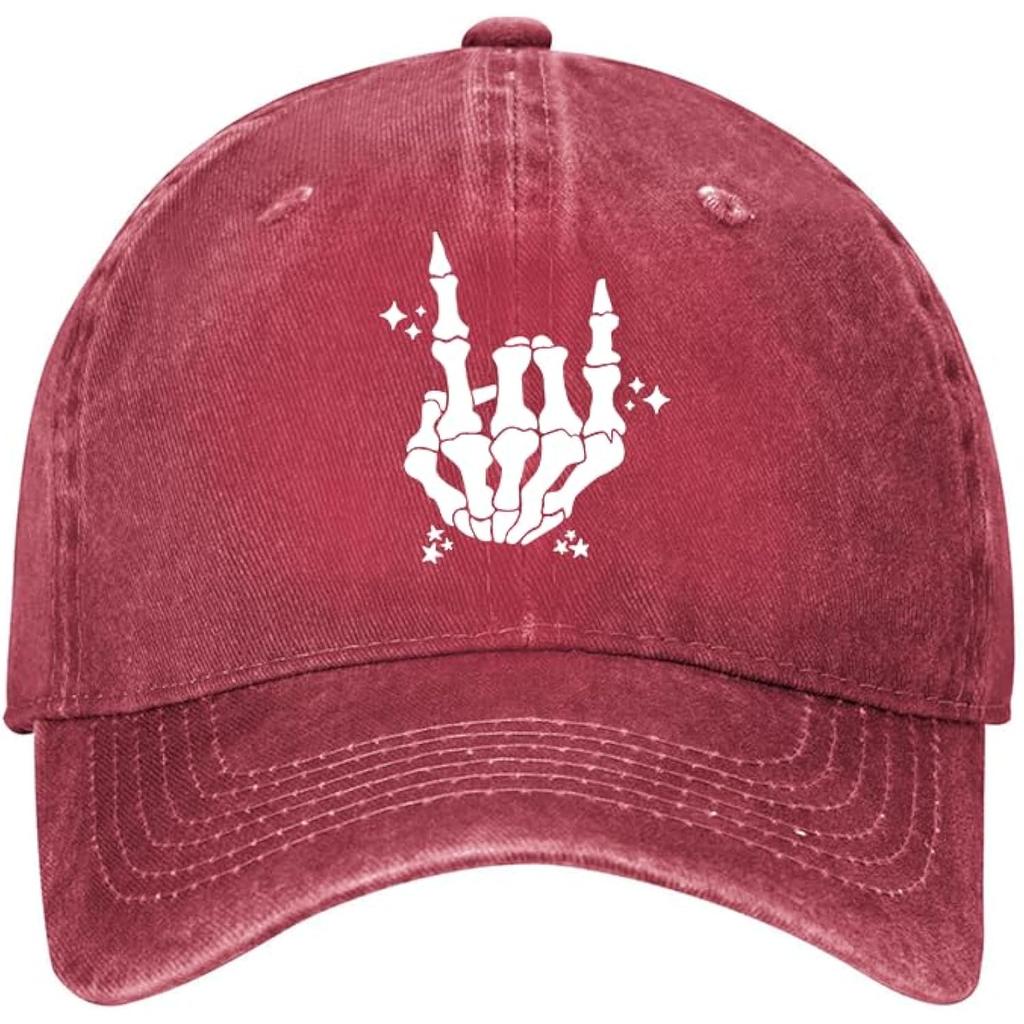 Skeleton Rock Hand Sign Baseball Cap Punk Cotton Washed Adjustable Hat for Men Women Outdoor