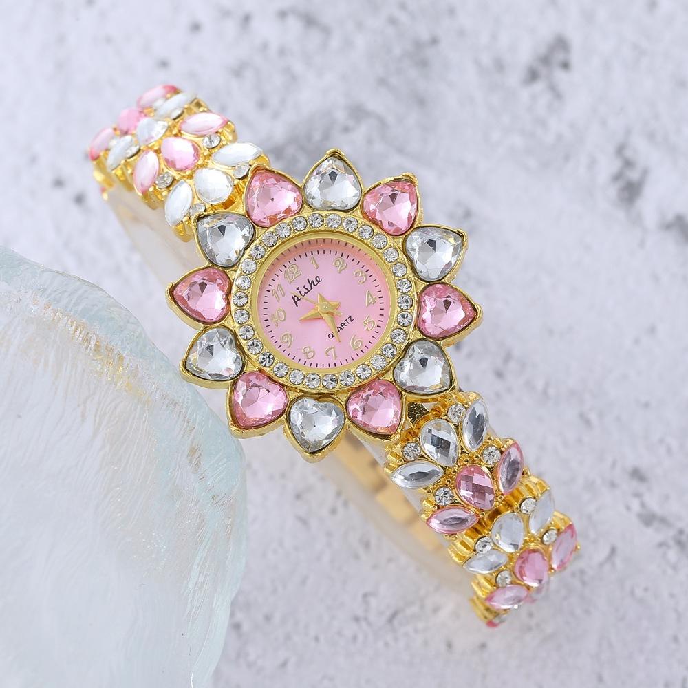 Women Heart Rhinestone Watches Flower Dial Bracelet Strap Quartz Watch Clock