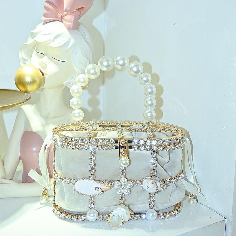 Metal vegetable basket diamond-encrusted dinner bag hollow pearl shell high-end temperament handbag белый