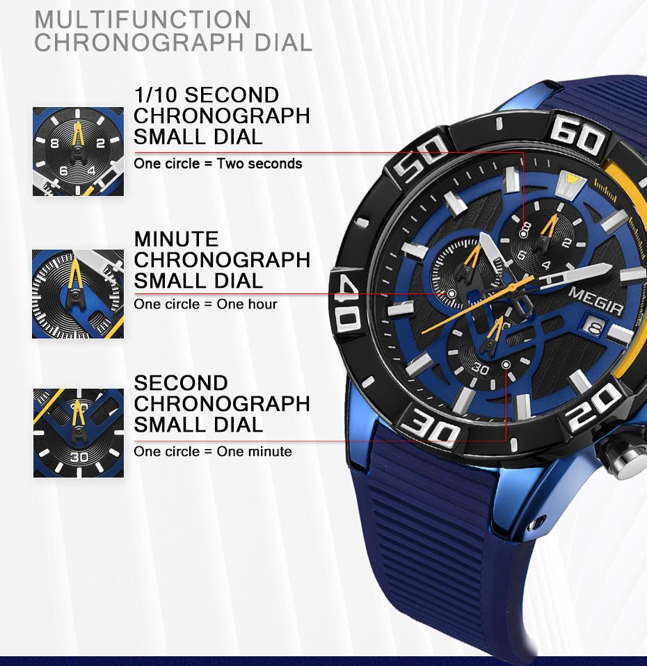 MEGIR Men Wristwatch Luxury Silicone Strap Sport Watches for Man Waterproof Luminous Quartz Chronograph Clock Reloj Hombre 2121