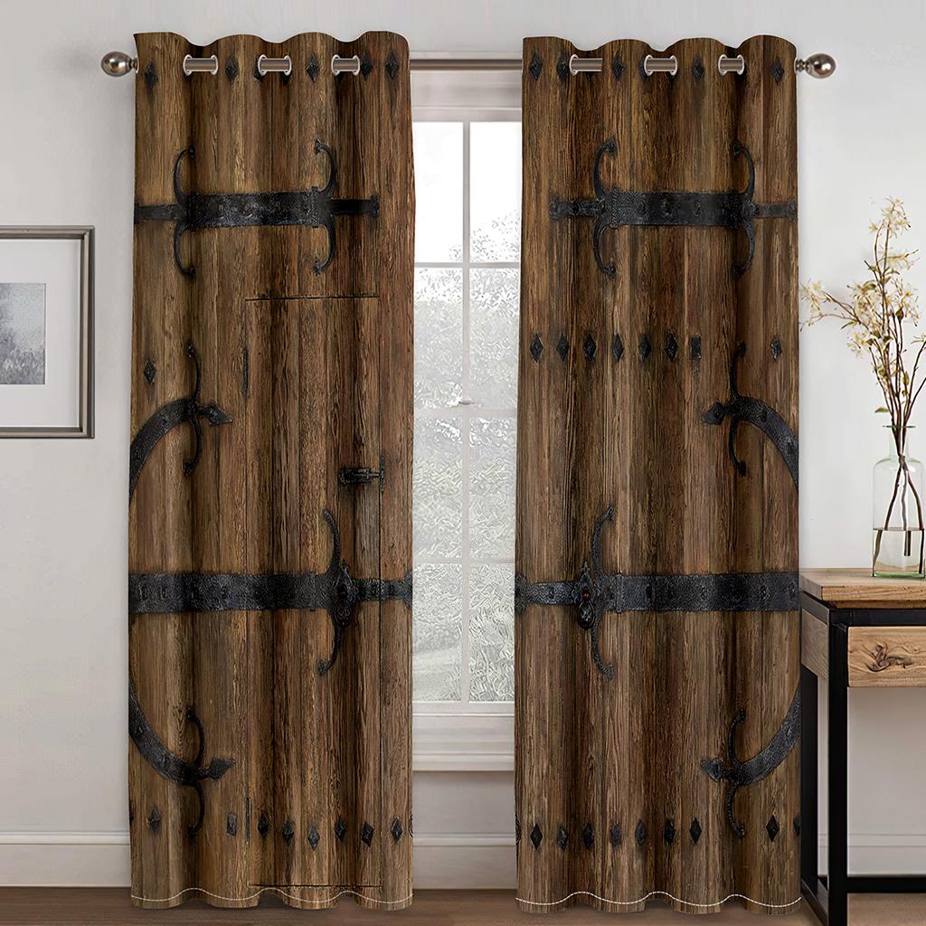 Farm Wood Door Plank 3D Digital Printed Bedchamber Livingroom Space Drape Farm Ranch Design Print Drape two pieces