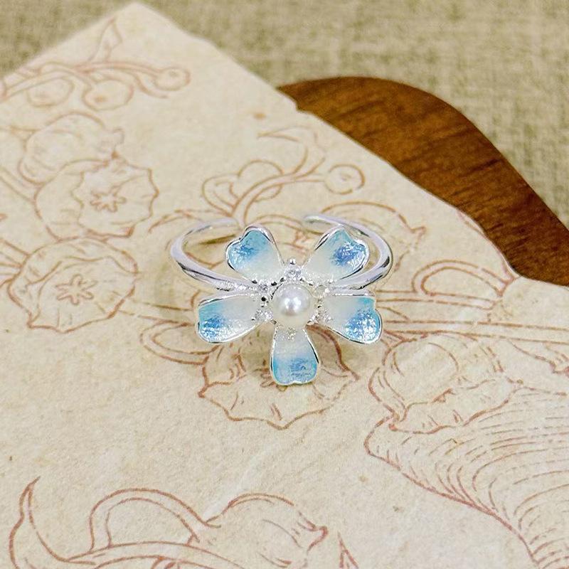 Star Flower Ring~ Blue Enamel Zircon Small Flower Adjustable Opening Ring Female Sweet Niche Index Finger Ring