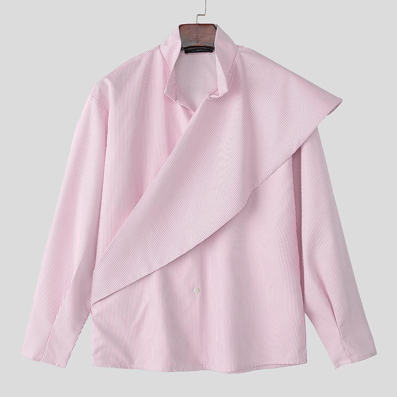 INCERUN Men Long Sleeve Front Cross Irregular Layers Patchwork Striped Casual Cape Shirts