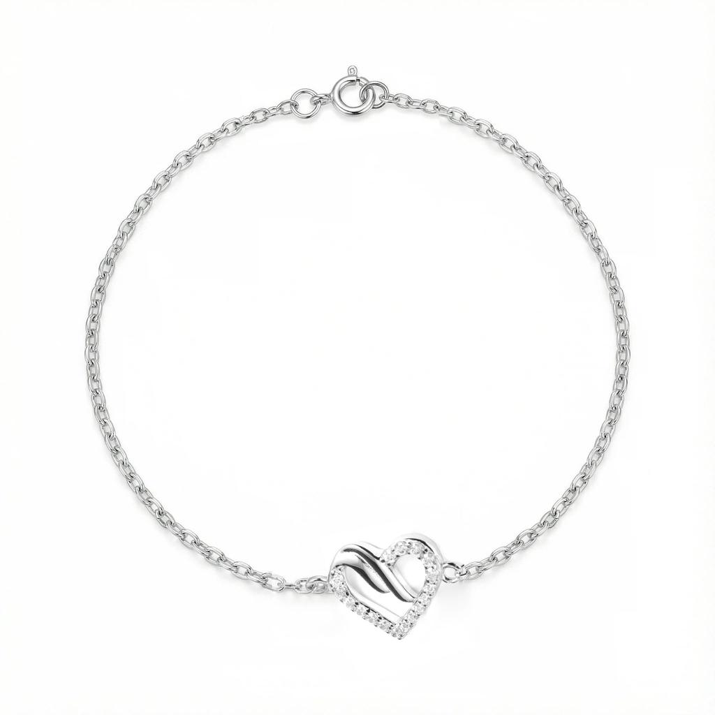 Women Fashion 925 Silver Platinum Plated Fine Chain Link Bracelet Personalised Sparkling Cubic Zirconia Heart Shape Exclusive