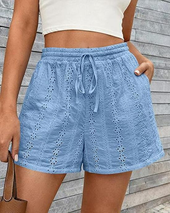 2026 European and American Women's Casual Hollow Elastic Drawstring Beach Shorts in Solid Color