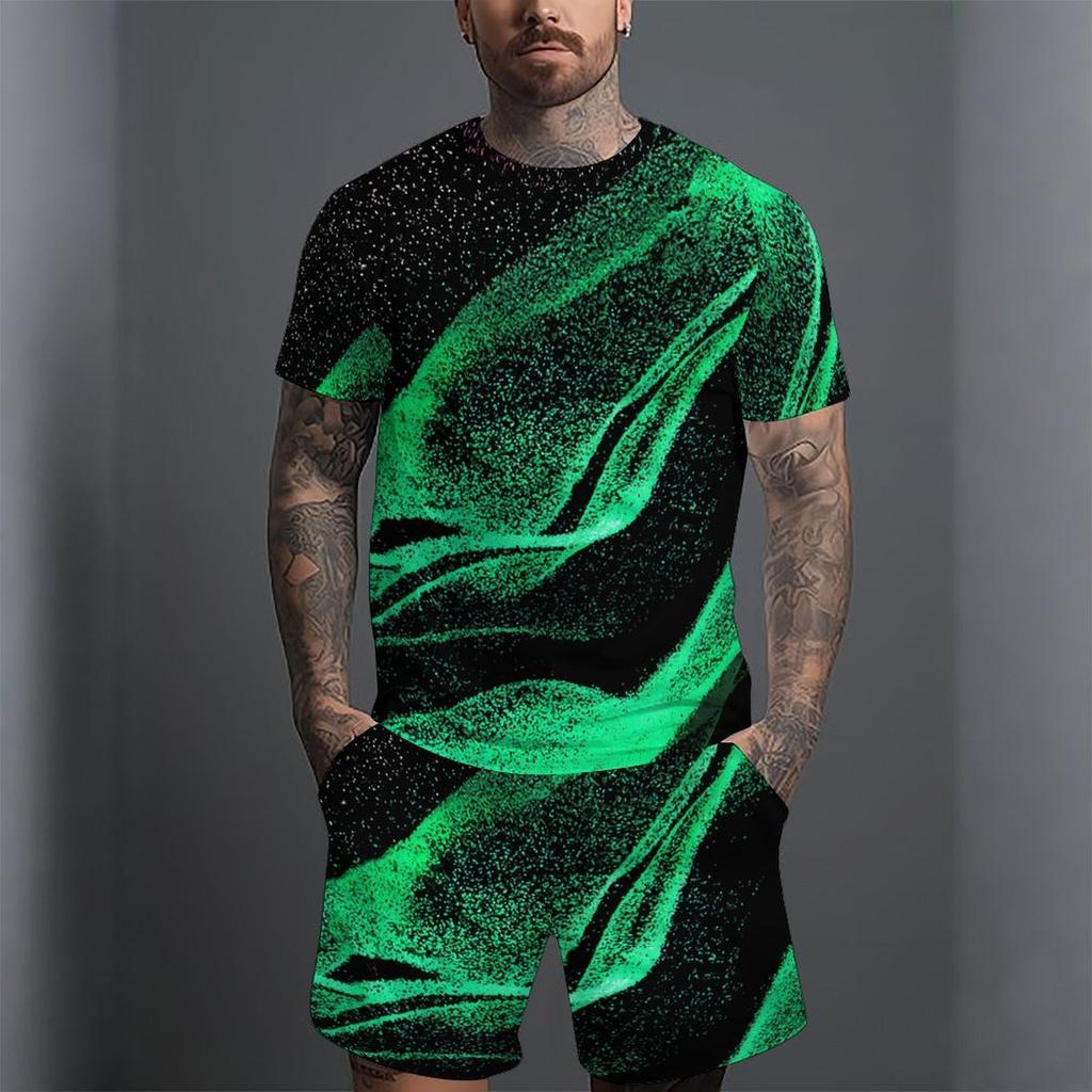 Men Earth Tone Distressed Square Block Print Short Sleeve Tee And Matching Shorts Two Piece Outfit