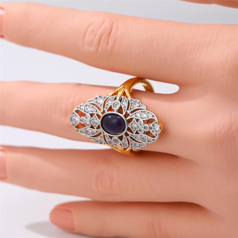 Vintage Inlaid Purple Stone CZ Women's Ring Ethnic Two Color Hand Carving Daily Wear Party Jewelry Anniversary Gift