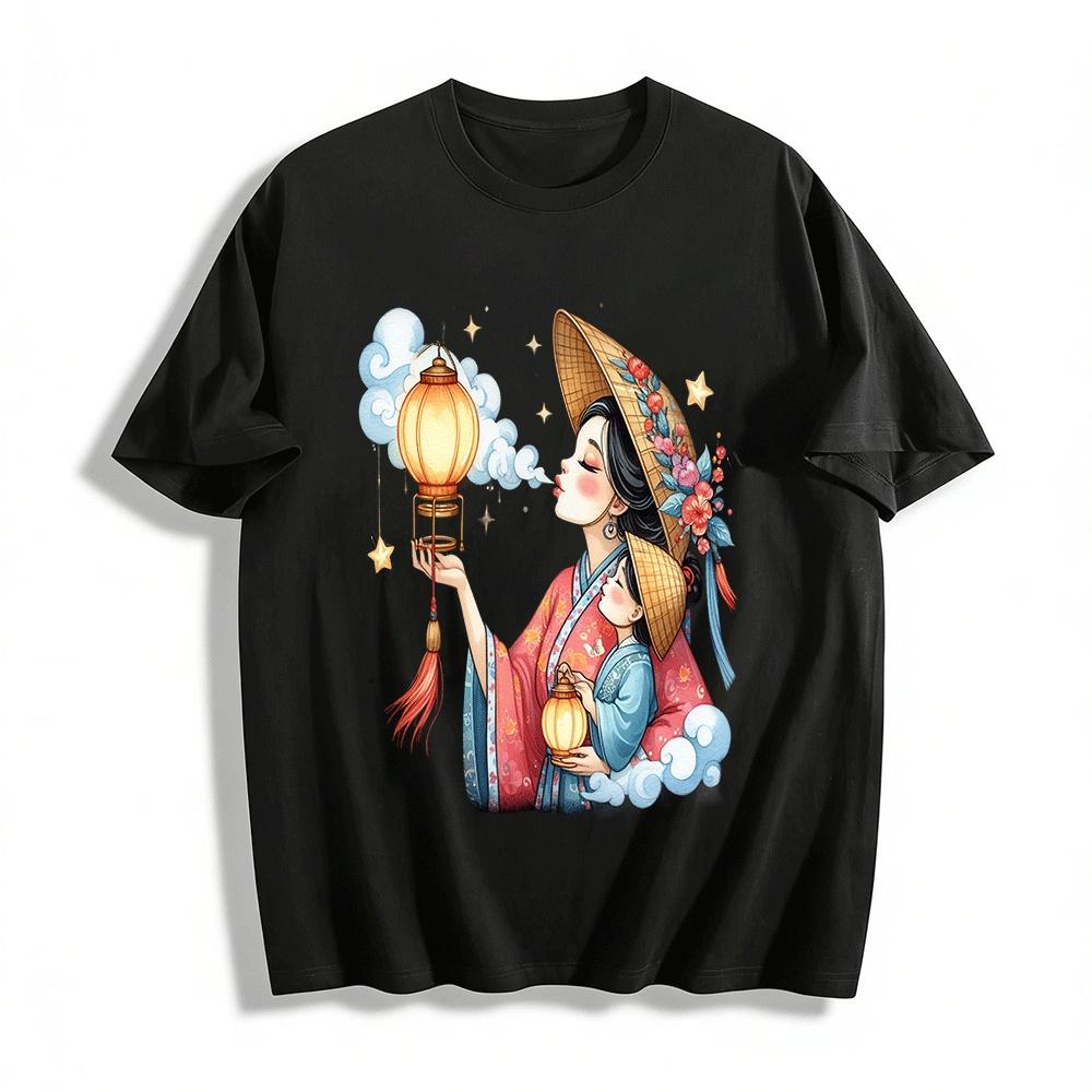 Chinese Style Mother Daughter Lantern Print Top Pure cotton T-shirt XXS