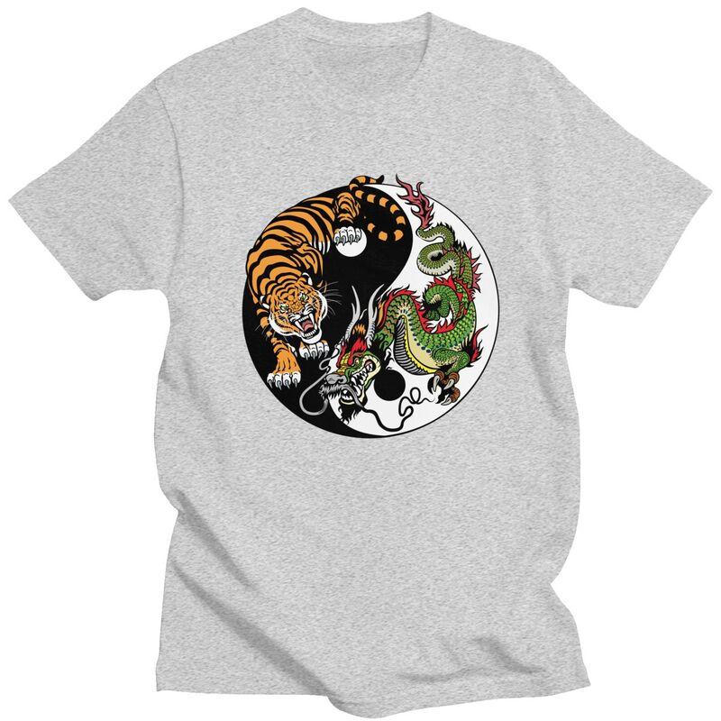 Custom Male Dragon And Tiger Yin Yang Symbol T Shirts Short Sleeve Cotton Tshirt Leisure Tees Slim Fit Clothes