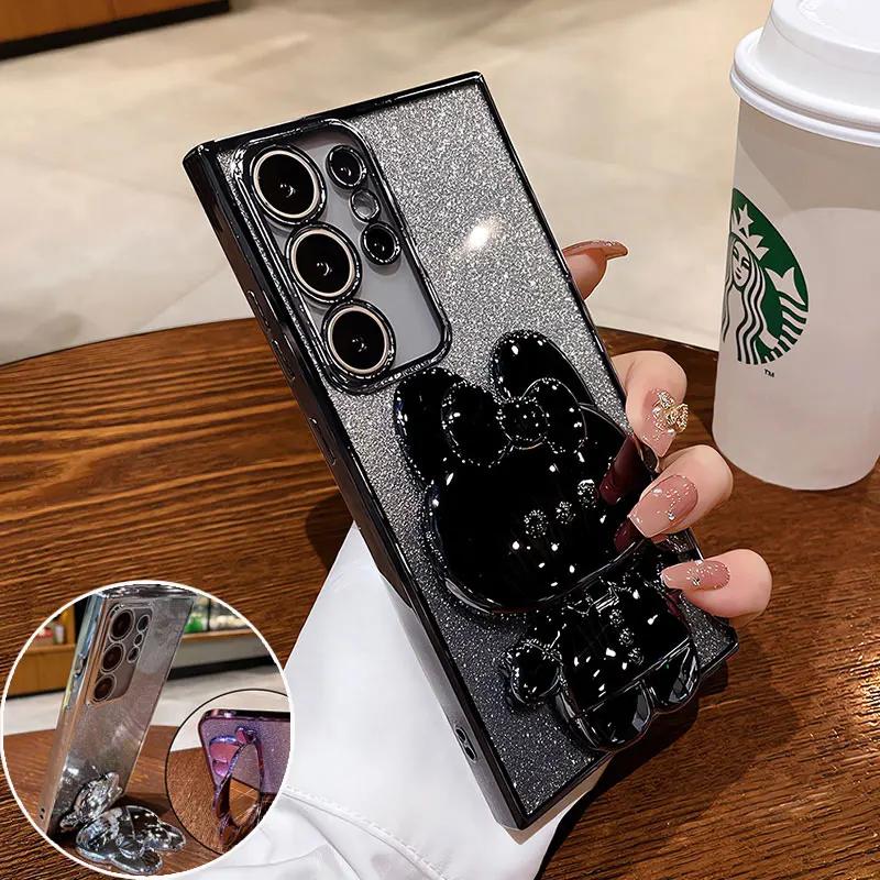 

Glitter Mirror Rabbit Stand Holder Case For Samsung S26 S25 S24 Ultra Plus FE A57/37/27/17/07/56/36/26/16/06 55 M/F/C/55 Cover For Samsung S26&Case & Holder