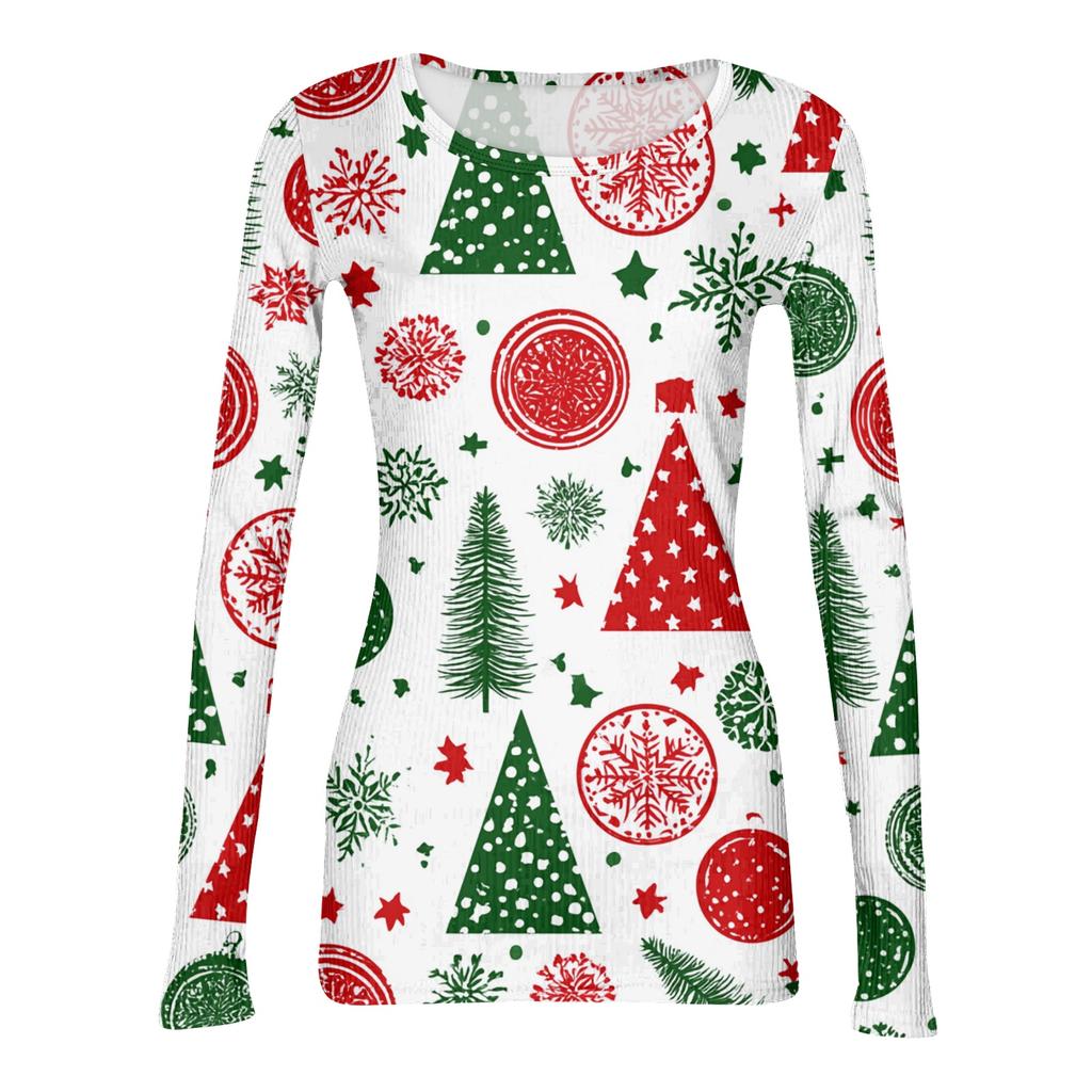 Women's Casual Christmas Print Long Sleeve Ribbed Neck Top