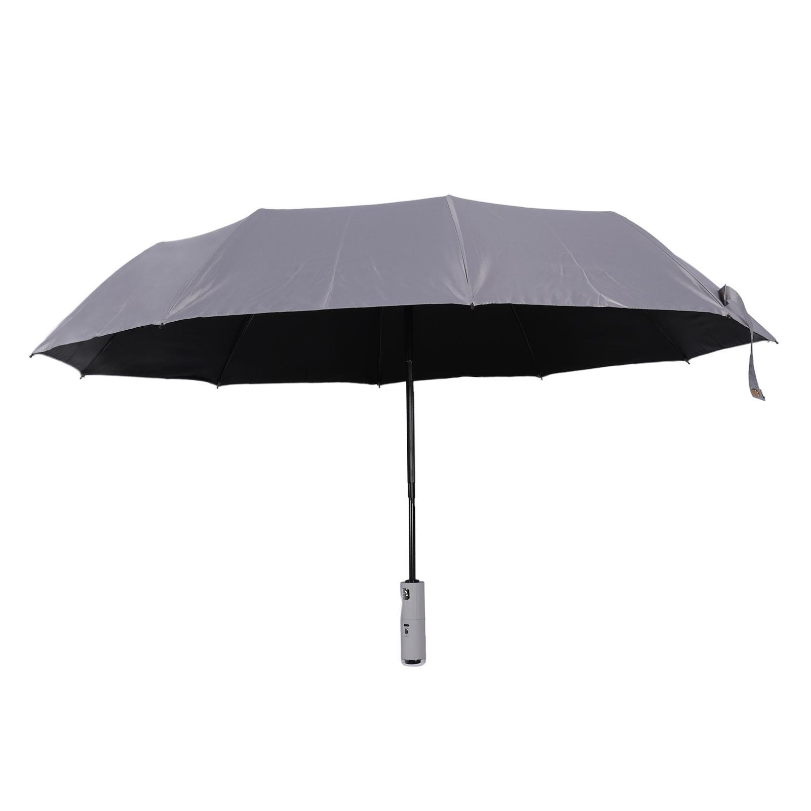 

Портативный зонт-вентилятор Полностью автоматический Ткань с черным клеем Двойного использования 10 спиц Складной зонт для солнечного и дождливого дня Серый серый