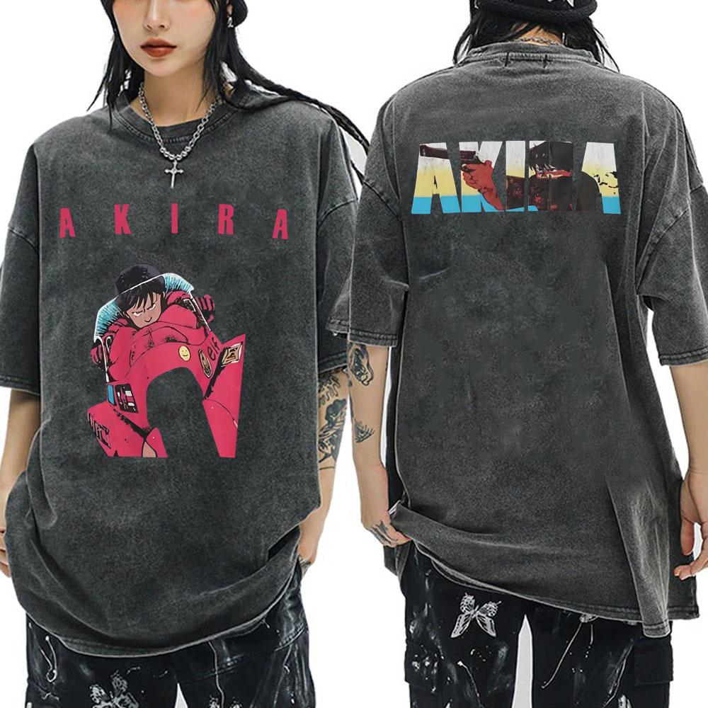 Anime Akira Vintage Washed T Shirt 90s Science Fiction Movie Shotaro Kaneda Short Sleeve T Shirts Cotton Casual Loose T-shirts