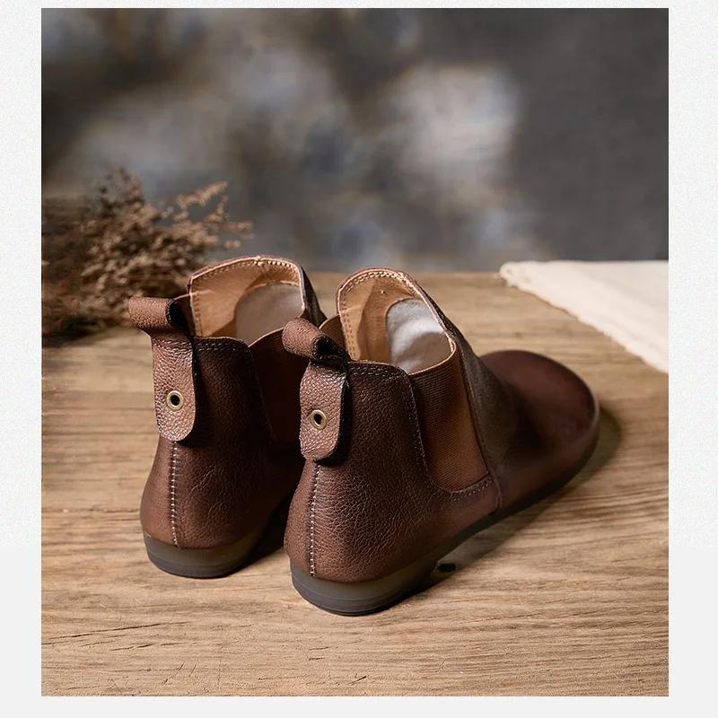 Johnature Solid Color Genuine Leather Flat Ankle Boots Round Toe Soft Soled Slip-on Women's Shoes