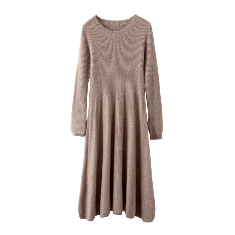 Women's Slim Fit Waist-Cinching Over-the-Knee Knitted Wool Dress - Autumn/Winter Base Layer, Round Neck, New Style