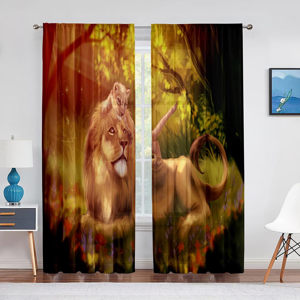 African Wild Animal Lion Couple Tulle Curtain for Home Living Room Window Decoration Bedroom Kitchen Modern Sheer Voile Curtains