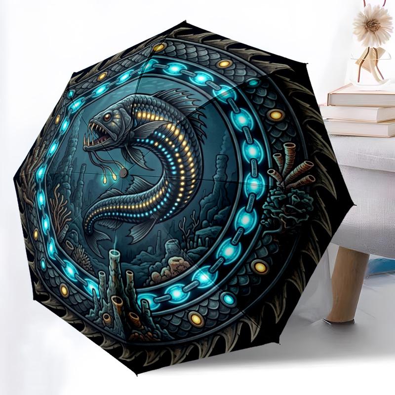 Underwater Serpent Emblem pattern umbrella, portable and foldable design, 8 ribs, a casual accessory for Halloween, Christmas, and birthday gifts.