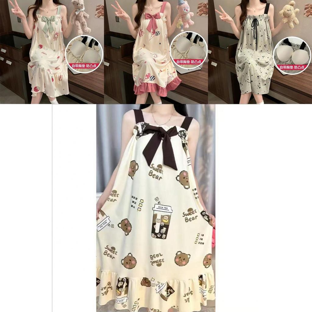 Summer Girls Sleeveless Nightgown With Comfortable Milk Silk And Flower Pattern For Lounge