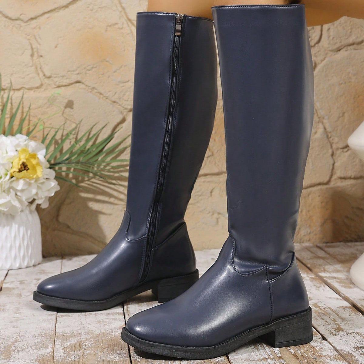 

Модные ботинки-рыцари с круглым носком 2025 Осень На толстом каблуке Длинные ботфорты до колена для женщин Мягкая кожа Боковая молния Повседневные боты Женская обувь 36 синий