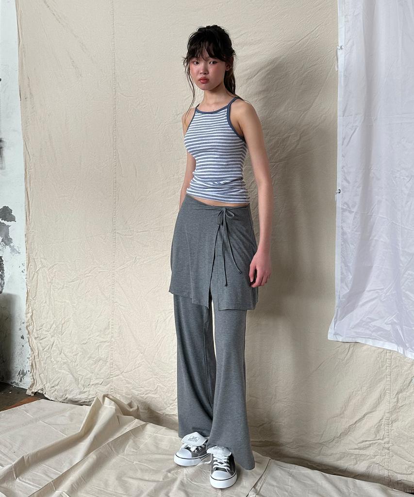 Okkitteu Layered Wrap Skirt Pants Gray