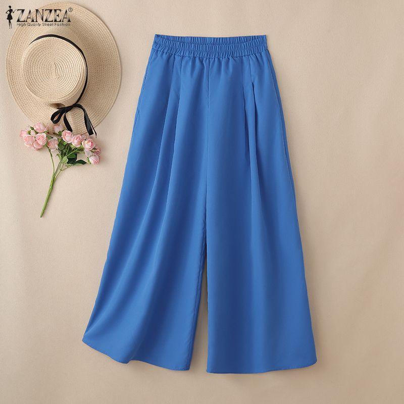 ZANZEA Pantaloni Culotte Larghi Casual da Donna a Vita Elasticizzata Monocolore