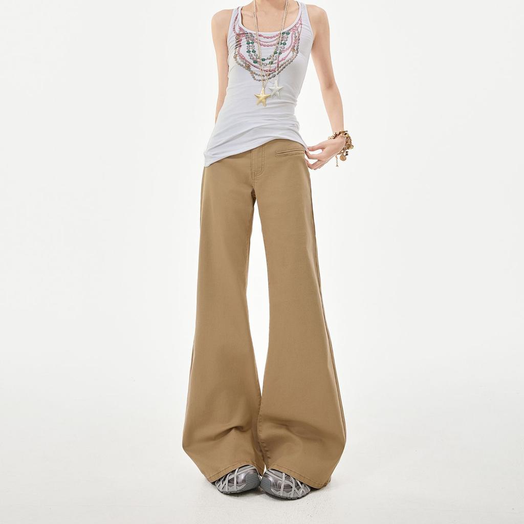 Spring Summer Coffee Soft Elastic Relax Slim Micro Flare Denim Pants For Ladies Casual Pants Oversize Denim Trousers