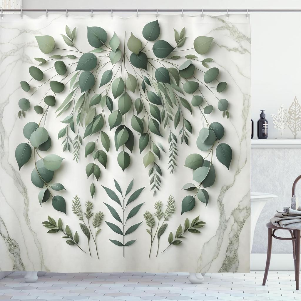 Eucalyptus Leaves Shower Curtain, Modern Weeping Wreath Look Branches On Simple Marble Print, Cloth Fabric Bathroom De