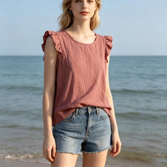 Women Tops, Loose Fit Ruffle Sleeve Vest, Round Neck Tank Tops, Breathable Summer Casual Sleeveless Blouse for Work Beach Vacation