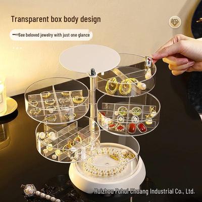 Drehbarer transparenter Acryl-Schmuckorganizer mit Fächern für Ohrringe, Halsketten, Uhren und Accessoires