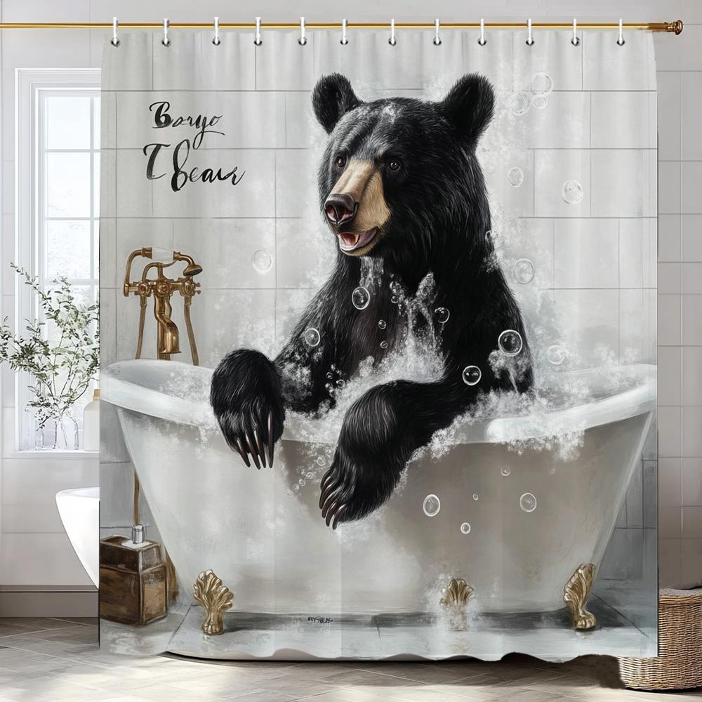 Cute Black Bear Bathing in the Bathtub Shower Curtain, Bathroom Decorative Shower Curtain, Waterproof Shower Curtain with Hooks