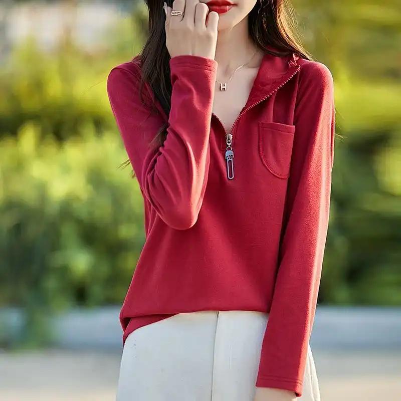 Women's Korean-Style Casual Half-Zip Hoodie Solid Color Pullover Plus velvet Long-Sleeve Hooded Sweatshirt