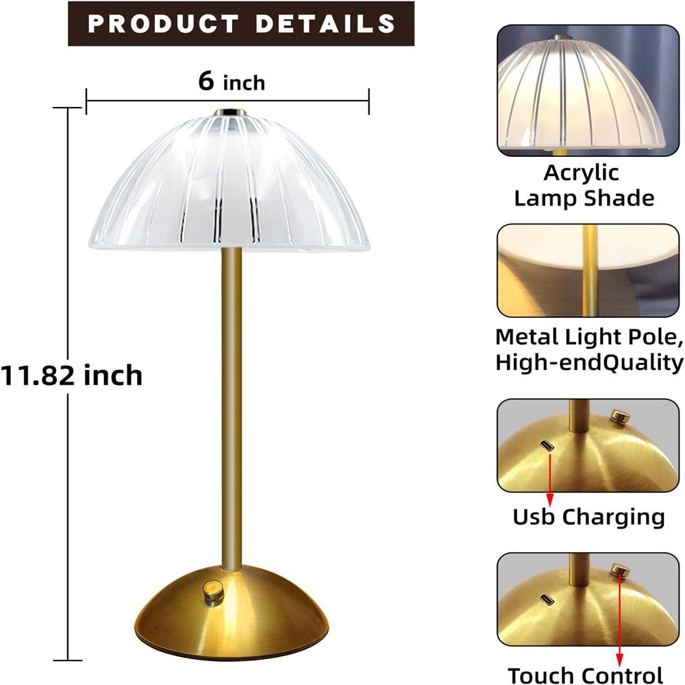 Cordless Table Lamps 3-Color Touch Stepless Dimmable Rechargeable Battery Powered Lighting Crystal Table Lamp for Living Room